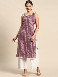 HAND CRAFTED KURTA DESCRIPTION * Ethnic Motifs Printed Kurta Printed Kurti Kirta / Embroidered Short Kurti Kurta / Indian Tunic / Summer-Spring Evening Dress / Cotton Tunic Tops * Colour: purple * Ethnic motifs printed * Round neck * Sleeveless, no sleeves * Straight shape with regular style * Calf length with straight hem *Fabric:- 100% Cotton *Was Care:- Machine Wash  AVAILABLE IN 6 SIZES THEY ARE IN FOLLOWING MEASUREMENTS IN INCHES:- XS:- Bust-34/Waist-32/Shoulder-13 S:- Bust-36/Waist-34/Shou Rectangle Neck Designs Kurti, Festive Sleeveless Sets With Bandhani Print, Multicolor Sleeveless Kurta For Festive Occasions, Festive Sleeveless Bandhani Print Set, Festive Multicolor Sleeveless Kurta, Sleeveless Multicolor Sets With Printed Motifs, Multicolor Sleeveless Sets With Printed Motifs, Fitted Sleeveless Kurta With Chikankari Embroidery, White Sleeveless Cotton Kurta