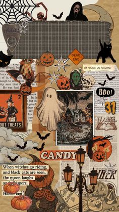 halloween collage with pumpkins, ghostes and other things on it's side