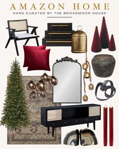 an assortment of home decor items including a christmas tree, mirror, candles and other decorations