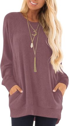 Women's Fall Long Sleeve T-Shirts Casual Tunic Tops for Leggings Loose Soft Blouses with Pocket Tunic Tops For Leggings, Sweatshirt Oversized, Tunic Tops Casual, Casual Tunics, Tunic Sweatshirt, Loose Pullover, Round Neck Sweatshirts, Blouse Tops, Pantalon Large