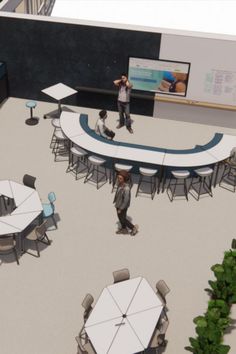 an artist's rendering of a meeting room with tables and umbrellas