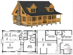 the floor plan for a log cabin with loft and living area, including an upstairs bedroom