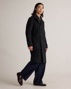 We've taken a luxe approach to the classic overcoat with this one. Our Italian Wool Double-Breasted Officer Topcoat features notched lapels, functional pockets, and a timeless double-breasted design. Made with Italian wool and made to last.  | Quince | Men's Italian Wool Double-Breasted Officer Topcoat in Black, Size Small, Wool/Nylon Black Pea Coat With Lapel Collar And Concealed Placket, Classic Double-breasted Peacoat With Pockets, Black Double-breasted Outerwear With Concealed Placket, Black Long Pea Coat With Concealed Placket, Classic Peacoat With Pockets For Business Casual, Classic Business Casual Peacoat With Pockets, Winter Double-breasted Outerwear With Welt Pockets, Modern Black Outerwear With Double Button Closure, Black Double-breasted Outerwear With Welt Pockets