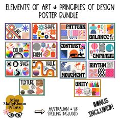 the elements of art and pictures of design poster bundle is shown in different colors, shapes, and sizes