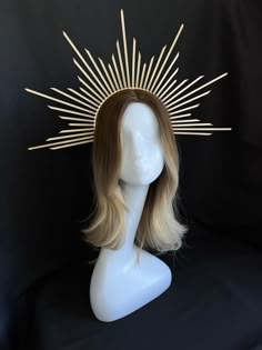 "Our crowns are handmade using quality and variety materials: -headband - zip ties - glass beads - glass rhinestones - artificial flowers - metal filigree The crown or halo crown is light and comfortable to wear. Maximum height spikes 1.5\" or 2.5\" or 4\" or 5.5\". The size of the halo crown is universal for an adult. When ordering, you can choose the color of the crown (gold, silver, black, rose gold) and a large selection colors of glass rhinestones. Our products are perfect for wedding, festival, party, photo shoot or Halloween. The crown (halo crown) will be a great addition to fine photography, will make your look luxurious and unforgettable. ** Processing time and delivery time: Order proccesing time is 1-6 days. If you need an order urgently, please let us know before purchasing an Sun Tiara Crowns, Luxury Crown For Party, Sun Crystal Crown, Zip Tye Crown, Gold Spike Crown, Luxury Handmade Gold Headpieces, Halo Couture Display, Gold Halo Crown Wedding, Wearable Sculpture Headpieces