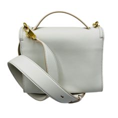 Made of leather: Top handle: Snap closure: Inside card slots: Suede lining; Adjustable and detachable leather cross-body strap: Gold tone hardware; Measurements: 8.5 L x 6.5 H x 4 D, Adjustable shoulder strap up to 21.5 drop in inches; Comes with tag and dust bag; Made in Italy. Designer White Flap Bag With Detachable Strap, Timeless White Flap Bag With Detachable Strap, Luxury White Flap Bag With Removable Pouch, Timeless Crossbody Flap Bag With Palladium Hardware, Formal White Flap Bag With Detachable Strap, White Satchel Shoulder Bag With Palladium Hardware, White Top Handle Flap Bag With Detachable Strap, Luxury White Crossbody Flap Bag, White Shoulder Bag With Detachable Handle For Everyday Luxury