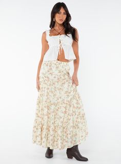 Floral maxi skirt  Tiered design, frill detailing throughout, wide elasticated waist band   Non-stretch material, fully lined  Cold machine wash   Main: 100% rayon, lining: 100% cotton Long Skirt Pleated, Flowy Long Skirt, Outfits For London, Streetwear Skirt, Maxi Skirt Outfit, Long Flowy Skirt, White Long Skirt, Party Outfits For Women, Tiered Maxi Skirt