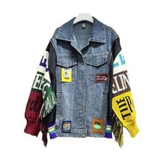 Experience a bold and trendy look with our Loose Fringed Embroidered Patchwork Denim Jacket! This jacket features a loose fit for comfort and boho-inspired fringed and embroidered details for a unique touch. - Color: Blue- Style: Jacket- Pattern: Alphanumeric Text- Sleeve Length: Long Sleeve- Fabric: Denim, Cotton- Closure Type: Button- Details: Fringe, Embroidery- Occasion: Casual, Outdoor- Gender: Women- Size: One Size Length: 68cm Multicolor Denim Outerwear With Patches, Bohemian Denim Jacket With Frayed Hem, Trendy Cotton Denim Jacket With Fringe, Bohemian Cotton Denim Jacket With Frayed Hem, Spring Cotton Denim Jacket With Fringe, Trendy Fringed Cotton Denim Jacket, Spring Denim Jacket With Fringe In Cotton, Multicolor Denim Jacket For Fall, Bohemian Denim Jacket With Fringe For Fall