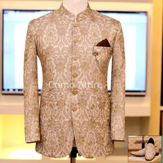 Golden embriodered fabric prince coat | Indowestern style prince coat Elegant Ceremonial Suits With Gold Embroidery, Elegant Suits With Gold Embroidery For Ceremony, Elegant Ceremony Suits With Gold Embroidery, Luxury Formal Blazer With Gold Embroidery, Elegant Formal Blazer With Gold Embroidery, Luxury Suits With Gold Embroidery For Ceremonies, Elegant Bandhgala With Gold Embroidery, Gold Suit With Gold Embroidery For Festive Occasions, Festive Gold Suit With Gold Embroidery