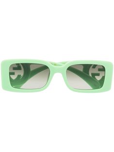 mint green acetate tonal design logo-engraved arm rectangle frame gradient-grey tinted lenses UV protection sculpted arms curved tips These glasses come with a protective case. Manolo Blahnik Hangisi Flats, Eyewear Logo, Green Gucci, Sculpted Arms, Gucci Glasses, Denim Shoulder Bags, Ballerina Shoes Flats, Logo Knit, Leather Western Boots