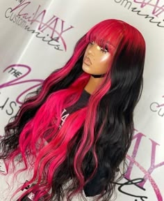 20 Inch Pink Wig, Black Wig With Color, Red And Black Lace Front Wig, Dyed Roots On Black Hair, Red And Black Wig, Custom Color Wigs, Pink And Black Hair, Color Hairstyles, Creative Hair Color