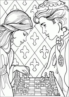 two girls playing chess coloring page