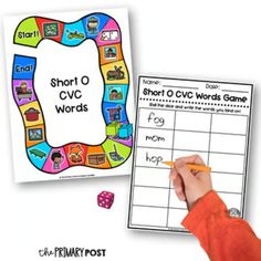 the short o cvc words game is shown with a hand holding a pencil in front of it