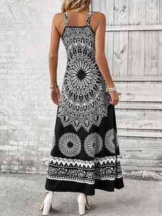 Vibrant Vibe: Women's Pattern Printed Sleeveless Dress Patterned Sleeveless Maxi Dress For Spring, Sleeveless Patterned Maxi Dress For Spring, Multicolor Geometric Sleeveless Dress, Black Geometric Pattern Dress For Spring, Black Geometric Pattern Spring Dress, Black Spring Dress With Geometric Pattern, Spring Black Dress With Geometric Pattern, Black Printed Sundress, Black A-line Halter Dress For Summer