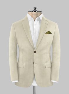 Experience pinnacle style in your wardrobe with our debonair Napolean Stretch Beige Wool Jacket that will make a major statement in your updated collection. Crafted from a wool-lycra fabric blend, our jacket guarantees prime sophistication in your look that will significantly influence your style with its sleek texture. Plus, the beige hue will give your enviable allure a real challenge to be in the limelight. So if you want to make a dazzling entrance for the day, then our suave addition to your outfit is a must.    Look Includes  Napolean Stretch Beige Wool Fabric  Two Button Jacket Style  Notch Lapel  Horn Brown Buttons  Single Vent  Three Cuff Buttons   You can change the look during customization if required.   Lining: Viscose; Dry Clean. Tailored Long Sleeve Sport Coat For Semi-formal Occasions, Beige Long Sleeve Tweed Jacket For Semi-formal Occasions, Beige Tweed Jacket With Lapel Collar For Semi-formal Occasions, Tailored Cream Blazer With Pockets, Fitted Beige Blazer With Pockets, Formal Wool Outerwear With Custom Fit, Cream Wool Blazer For Business, Wool Single Breasted Custom Fit Blazer, Semi-formal Beige Single Button Sport Coat