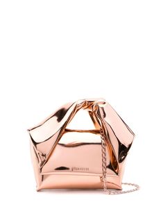 rose gold-tone calf leather mirrored finish debossed logo to the front foldover top with magnetic fastening single twisted top handle chain-link shoulder strap main compartment internal card slot debossed internal logo leather lining This piece comes complete with a protective dust bag. Tone Calves, Rose Gold Accessories, Twisted Top, Leather Mirror, Singles Twist, Jw Anderson, Pink Bag, Womens Tote Bags, Shoulder Bag Women