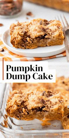 pumpkin dump cake with chocolate chip toppings in a glass baking dish on a white table