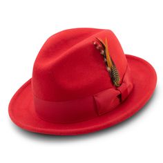 Upgrade your hat game with our Montique Red Snap Brim Crushable Wool Felt Fedora Hat featuring a stylish feather accent. Crafted from 100% wool, this hat boasts a sophisticated pinch crown design and a classic 2" brim. Complete with a grosgrain ribbon for added charm, this hat exudes elegance and style. With no lining, it's lightweight and comfortable for all-day wear. Pinch crown design Chic feather accent Snap brim Solid Color Built-in sweatband Made from 100% wool 2" brim 4" Crown Grosgrain r Homburg Hat, Fedora Style, Popular Hats, Mens Hats Fashion, Fedora Hat Men, Wool Fedora Hat, Coloured Feathers, Hat Styles, Fedora Hats