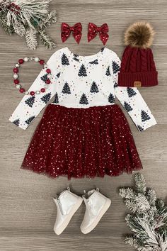 Burgundy Christmas Tree Tutu Dress | Sparkle In Pink Burgundy Christmas Tree, Aubrey Lynn, Burgundy Christmas, Christmas Dress Baby, Sparkle In Pink, Trendy Christmas Outfits, Family Pajama Sets, Girls Christmas Outfits, Kids Christmas Outfits