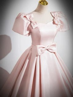 Princess Style Fitted Dress With Bow, Pink Feminine Dress For Debutante Ball, Feminine Pink Dress For Debutante Ball, Princess Style Satin Dress With Fitted Bodice, Feminine A-line Dress For Banquets, Princess Style Satin Prom Dress, Princess Style Satin Ball Gown Dresses, Princess Style Short Sleeve Wedding Dress, Pink Bow Mini Dress For Wedding