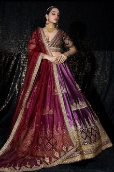 Purple flared tissue organza kalidar lehenga with Sheesh darbar resham thread embroidery and mirror highlights. Paired with a half sleeves mirror jaal-resham embroidered plunging V neck wine blouse and an embroidered border organza dupatta. - Aza Fashions Tussar Silk Choli With Zari Work For Reception, Bollywood Style Dola Silk Lehenga With Cutdana, Fusion Style Wedding Dupatta With Zari Work, Festive Bollywood Tussar Silk Choli, Festive Organza Lehenga For Diwali, Traditional Lehenga With Resham Embroidery In Organza, Bollywood Style Organza Lehenga With Zari Work, Anarkali Tussar Silk Lehenga In Chandbali Shape, Fusion Style Lehenga With Traditional Drape For Wedding