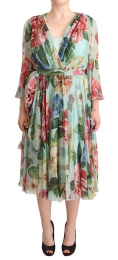 Dolce & Gabbana Multicolor Green Floral Silk Wrap Midi Dress Flora Dress, Stylish Shorts, Dolce Gabbana Dress, Midi Wrap Dress, Wrap Midi Dress, Silk Wrap, Dolce E Gabbana, Gown Dress, Comfortable Sandals