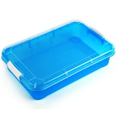 a blue plastic container on a white background