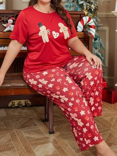 Plus Size Women Cute Christmas Print Short Sleeve Top & Pants Pajama Set, Casual Clothes Burgundy Cute    Christmas Pant Sets Slight Stretch All Women Plus Sleep and Lounge, size features are:Bust: ,Length: ,Sleeve Length: Boys Christmas Pajamas, Plus Size Winter, Christmas Pajama Set, Winter Pajamas, Hoodie And Sweatpants, Men Plus Size, Pant Sets, Christmas Print, Casual Clothes