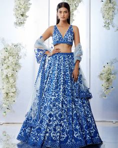 Blue on Blue Resham Work Lehenga Set | Seema Gujral | Panache by Sharmeen Blue And White Indian Outfit, Blue White Lehenga, Summer Lehenga, Elegant Lehenga, Lehenga Inspiration, Wedding Lenghas, Stylish Lehenga, Desi Couture, Grooming Ideas