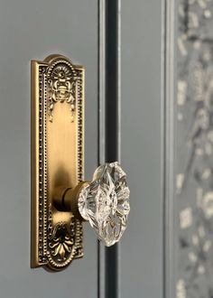 a close up of a door handle on a glass door with ornate designs in the background