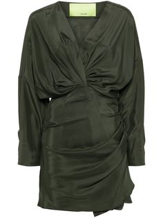 khaki silk wrap design draped design plunging V-neck long puff sleeves gathered detailing ruched detailing asymmetric hem unlined concealed side zip fastening Silk Short Dress, Draped Silk Dress, Short Wrap Skirt, Silk Dress Short, Wrapped Skirt, Designer Drapes, Silk Mini Dress, Long Puff Sleeves, Wrap Skirt