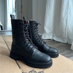 Reformation Katya Black Leather Lace Up Combat Boots Size 7.5, Lace Up Front, Size Zipper Pebbled Cowhide With Rubber Lug Sole In Excellent Condition, Look Almost Unworn Lace Up Combat Boots, Moto Boots, Lug Sole, Leather And Lace, Combat Boots, Womens Boots, Black Leather, Shoe Boots, Lace Up