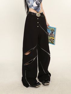 1 Black Punk Pants With Zipper Closure, Casual Black Bottoms With Metal Zipper, Edgy High Waist Bottoms With Side Zipper, Baggy Black Bottoms With Zip Fly, Black Baggy Bottoms With Zip Fly, Trendy Full-length Pants With Zip Fly, Trendy Full Length Pants With Zip Fly, Trendy Black Bottoms With Button Zip Fly, Black Wide Leg Pants With Zipper Closure