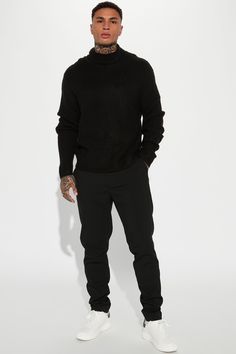 Model Height: 6'2 - Wearing Large Big & Tall: Height 6'3 - Wearing XXXL Available In Black. Turtleneck Long Sleeve 72% Acrylic 25% Nylon 3% Spandex Imported | Mens Simply Ribbed Cozy Turtleneck Sweater in Black size Medium by Fashion Nova Casual Fitted Turtleneck With Ribbed Cuffs, Black Turtleneck With Ribbed Cuffs For Work, Casual Black Winter Turtleneck, Black Ribbed Collar Turtleneck For Winter, Casual Black Turtleneck For Work, Black High Neck Sweater With Ribbed Cuffs, Casual Stretch Turtleneck With Ribbed Cuffs, Stretch Black Turtleneck, Fitted Textured Knit Casual Turtleneck