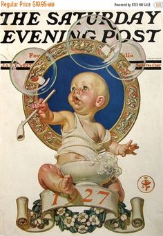 an advertisement for the saturday evening post featuring a baby holding a tennis racquet