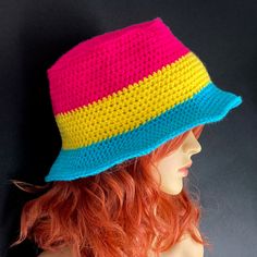 Pansexual Flag Striped Bucket Hat - Pan Pride Hot Pink, Yellow & Turquoise Striped Crochet Summer Sun Hat by VelvetVolcano Gay Crochet Hat, Striped Bucket Hat, Bucket Hat Crochet, Pan Pride, Crochet Sun, Pansexual Flag, Yellow And Turquoise, Crochet Sun Hat, Buttercup Yellow