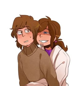 two people that are hugging each other in front of a white background and one is wearing a brown sweater