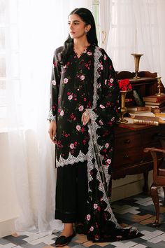 Cross Stitch Kaylen Black - 3pc Linen Printed  Khaddar & Linen Collection Designer Winter Dresses, Pakistani Winter Dresses, Simple Clothes, Shirt Trouser, Cross Stitch Collection, Linen Collection, Dyed Linen, Linen Suit, Pakistani Designers