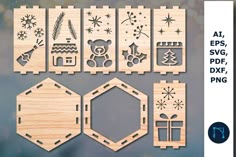 wooden cutouts with christmas decorations and snowflakes