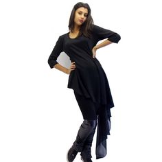 "Fashion black dress, asymmetrical cut. Long lateral tail, doubled by black chifon. Black asymmetrical tunic dress made of cotton jersey. Perfect to wear with leather pants. Material: 50% cotton 50% polyester Care instructions: Wash at 30 degrees. The model in the picture is size S. Can be made in ALL SIZES. If you have any other specific requirements, do not hesitate to contact me! I DO NOT CHARGE EXTRA MONEY for custom made items. All you need to do is send me your measurements. Below, you wil Black Lagenlook Dresses For Layering, Black Fitted Dress For Layering, Black Asymmetrical Dress For Night Out, Fitted Black Dress For Layering, Elegant Asymmetrical Dresses For Layering, Black Asymmetrical High-low Hem Dress For Evening, Black Fitted Asymmetrical Dress, Black Stretch Mini Dress With Asymmetrical Hem, Lagenlook Fitted Dress With Asymmetrical Hem