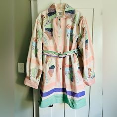 Nwt Movie Jackets Coat Size Women’s Large Pink With Pretty Quilt Pattern Belt Included Unique Piece! White Patchwork Outerwear For Work, Multicolor Outerwear With Lapel Collar For Spring, Multicolor Lapel Collar Outerwear For Spring, Spring Cotton Windbreaker With Patchwork, Multicolor Button-up Outerwear For Spring, Spring Daywear Collared Outerwear, Spring Patchwork Outerwear For Work, Collared Spring Outerwear For Daywear, Spring Collared Outerwear For Daywear