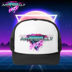 Introducing our Neon Pink and Cyan "Artificially Inked" Logo Trucker Cap - a headwear masterpiece that effortlessly blends the futuristic vibes of retrowave with the timeless coolness of a classic trucker cap. Picture yourself cruising down the digital highway of style, turning heads with every step. Crafted with meticulous attention to detail, this cap features a striking neon pink and cyan color palette that pays homage to the glory days of synth beats and pixelated dreams. The logo, a synthesis of retro aesthetics and modern design, sits boldly on the front, radiating a nostalgic energy that's impossible to ignore. Feel the cool breeze through the breathable mesh back, a nod to the iconic trucker cap style that has stood the test of time. The neon hues pop against the dark backdrop, cre Retro Trucker Hat With Curved Visor, Retro Curved Bill Trucker Hat For Streetwear, Retro Trucker Hat For Streetwear, Retro Trucker Hat With Curved Bill For Streetwear, Retro Snapback Hat With Graphic Print, Cyan Color Palette, Cyan Color, Ink Logo, Cyan Colour