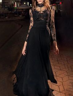 A-Line Evening Gown Vintage Dress Masquerade Floor Length Long Sleeve High Neck Black Dress Chiffon Elegant Gown With Lace Bodice For Banquet, Elegant Gown With Lace Sleeves For Banquet, Sheer Maxi Dress For Gala During Prom Season, Elegant Lace Sleeve Evening Dress For Banquet, Sheer Bodice Floor-length Gown For Banquet, Lace Floor-length Dresses For Banquets, Sheer Bodice Maxi Dress For Banquet, Floor-length Gown With Sheer Bodice For Banquets, Elegant Sheer Floor-length Dress