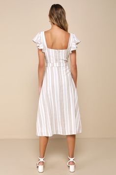 Spend your summer looking stunning in the Lulus Mediterranean Moves White Striped Flutter Sleeve Midi Dress! Lightweight woven linen-blend fabric, with a charming striped pattern throughout, shapes short flutter sleeves that frame a seamed bodice with a square neckline. Decorative button placket accents the front, crossing a fitted waist with a removable sash tie, and continues down to an A-line skirt with a midi hem. Hidden zipper/clasp at back. Fit: This garment fits true to size. Length: Mid- Summer Linen Midi Dress With Ruffles, Beach Linen Midi Dress With Ruffles, Striped Knee-length Summer Midi Dress, White Linen Beach Dress With Ruffles, White Linen Ruffled Beach Dress, White Linen Ruffle Dress For Beach, White Linen Ruffled Dress For Beach, Chic Vertical Stripes Midi Dress For Beach, Chic Beach Midi Dress With Vertical Stripes