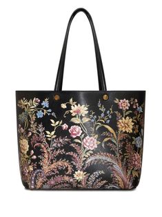 black/multicolour faux leather all-over floral print two long top handles open top main compartment removable pouch Medium Sized Bags, Leather Floral, Tote Bag Black, Summer Beach Wear, Ballet Flat Shoes, Open Top, Black Tote Bag, Print Tote, Printed Tote Bags