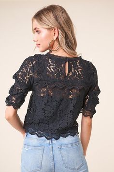 Add a touch of elegance to any outfit with the 'Romeo Romeo' balloon sleeve lace blouse! Dainty eyelash lace shapes a crew neckline, atop a contrasting crochet lace bodice framed by short, balloon sleeves. Cropped, scalloped hem finishes the flirty look. - Model is 5'9" and wearing size small. Available in black. 100% polyester. Imported. Scalloped Lace Tops, Elegant Black Tops With Scalloped Lace, Elegant Black Top With Scalloped Lace, Elegant Black Scalloped Lace Top, Spring Puff Sleeve Top With Lace Patchwork, Spring Lace Top With Crew Neck And Lace Sleeves, Spring Tops With Lace Cuffs And Short Sleeves, Puff Sleeve Tops With Lace Patchwork For Spring, Chic Blouse With Lace Puff Sleeves