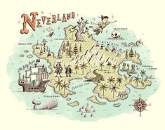 an illustrated map of neverland with pirates