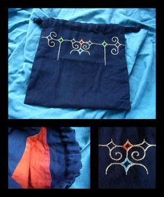 three pictures of different types of cloths with designs on them, one is blue and the other is orange