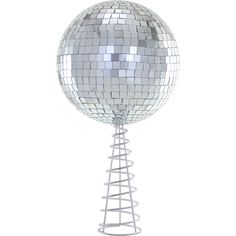 a silver disco ball on a metal stand with ladders to reach it's top