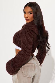 Available In Grey, Chocolate, And Black. Cardigan Sweater Long Sleeve Cuff Sleeve Detail Collar Hook And Eye Front Closure Chunky Knit Cropped Self: 100% Acrylic Imported | Downtown Chunky Knit Cropped Cardigan in Chocolate Brown size Medium by Fashion Nova Brown Cropped Cardigan, Brown Outfits, Chocolate Fashion, Black Cardigan Sweater, Cropped Cardigan Sweater, Closet Accessories, Brown Outfit, Chunky Knit Cardigan, Long Sweaters Cardigan